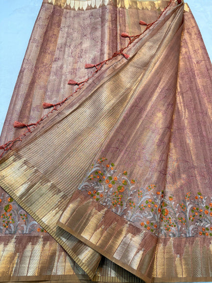 Peach Tissue Khadi Designer Embroidery Premium Banarasi Saree