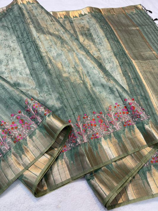 Green Khadi Designer Embroidery Premium Banarasi Saree