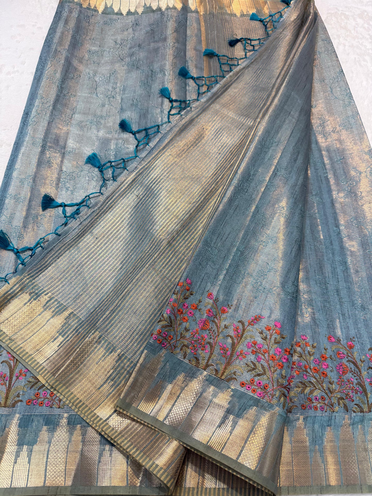 Dusty Blue Tissue Khadi Designer Embroidery Premium Banarasi Saree