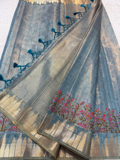Dusty Blue Tissue Khadi Designer Embroidery Premium Banarasi Saree