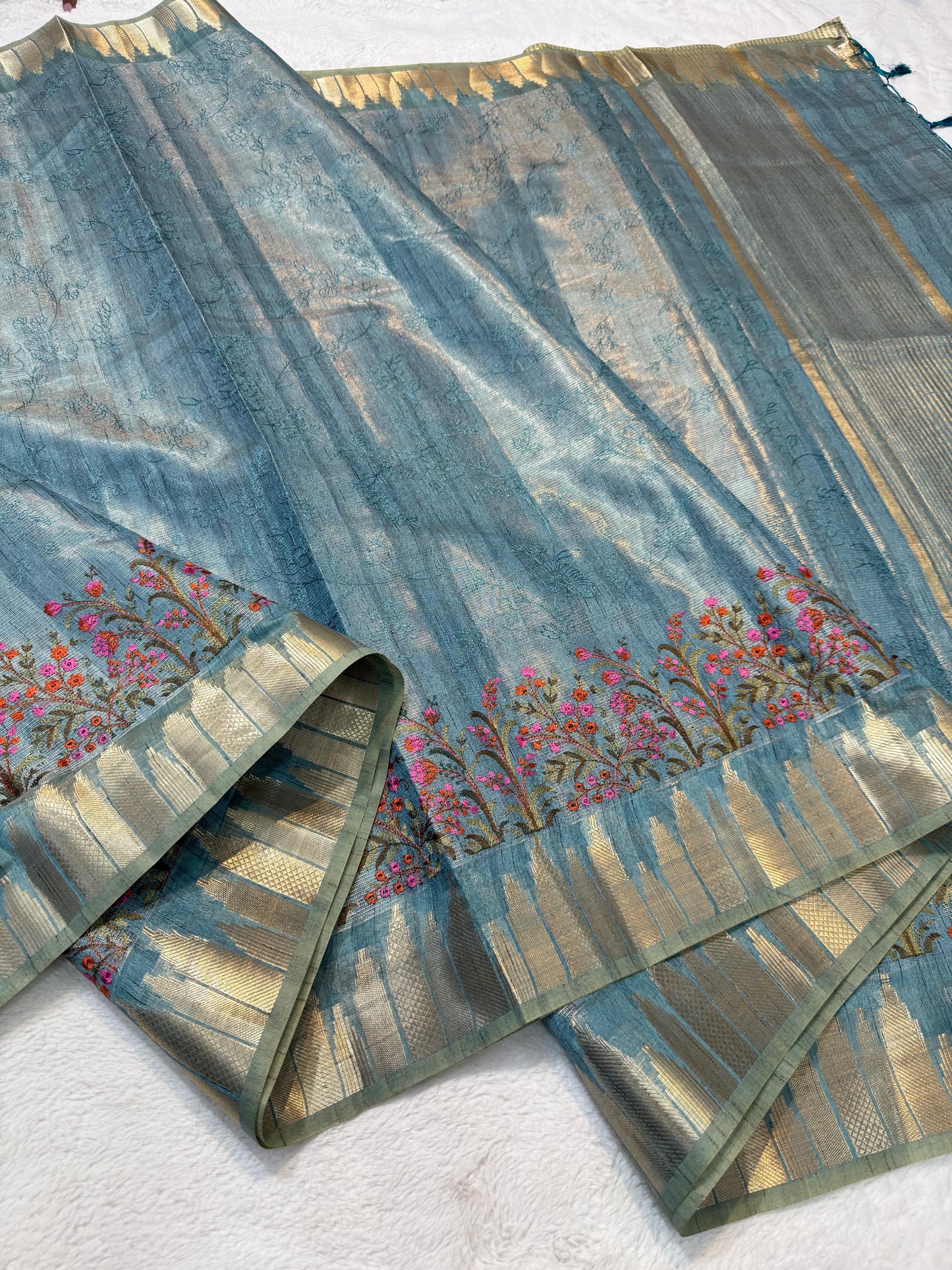 Dusty Blue Tissue Khadi Designer Embroidery Premium Banarasi Saree