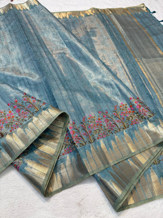Dusty Blue Khadi Designer Embroidery Premium Banarasi Saree