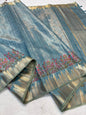 Dusty Blue Tissue Khadi Designer Embroidery Premium Banarasi Saree