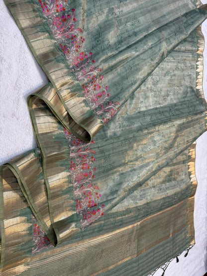 Green Tissue Khadi Designer Embroidery Premium Banarasi Saree