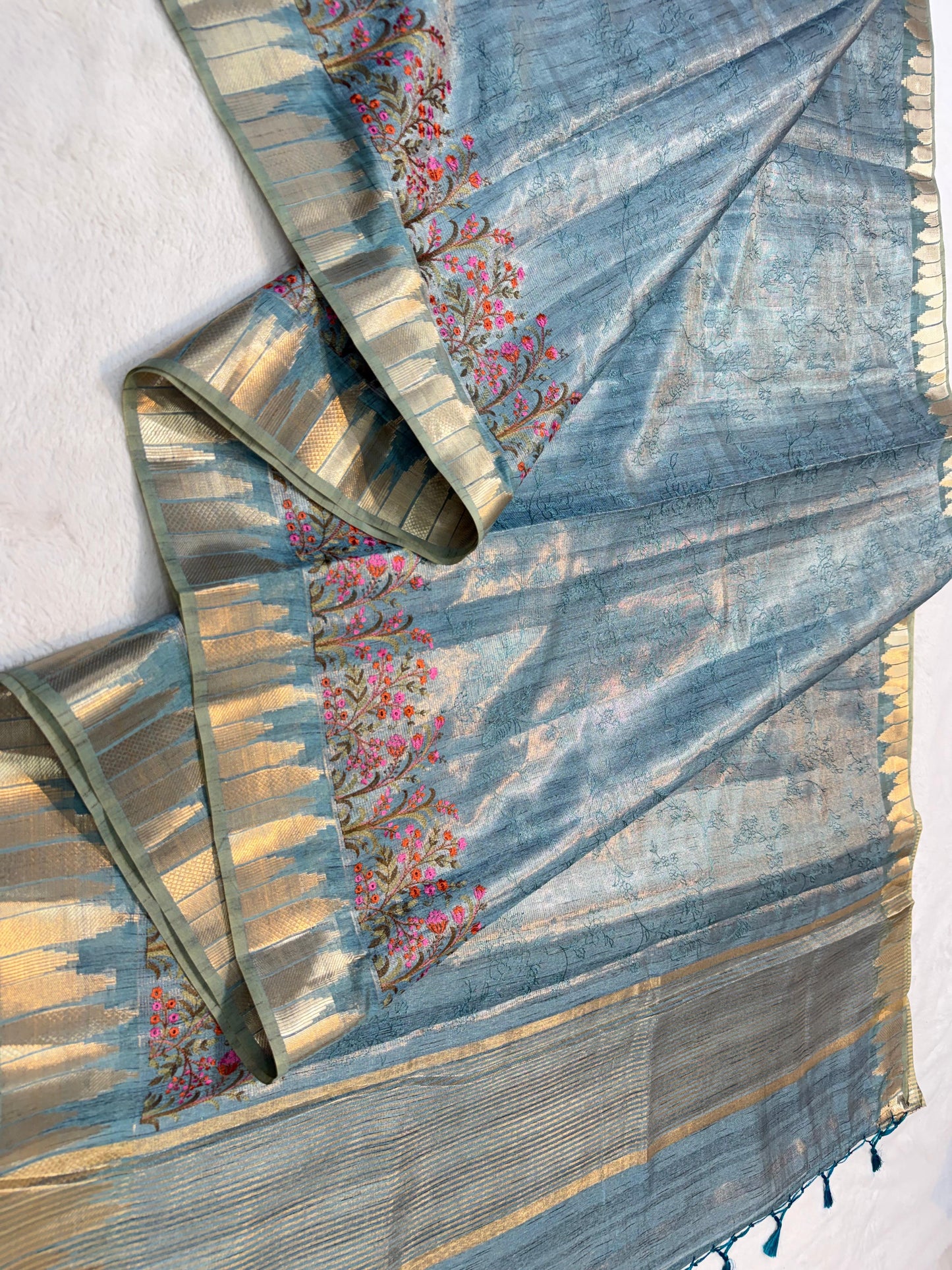 Dusty Blue Tissue Khadi Designer Embroidery Premium Banarasi Saree