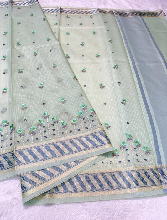 Pista Green Cotton Kota Designer Embroidery Premium Banarasi Saree