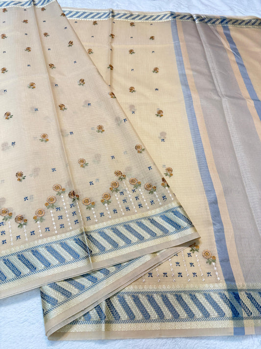 Lemon Yellow Cotton Kota Designer Embroidery Premium Banarasi Saree