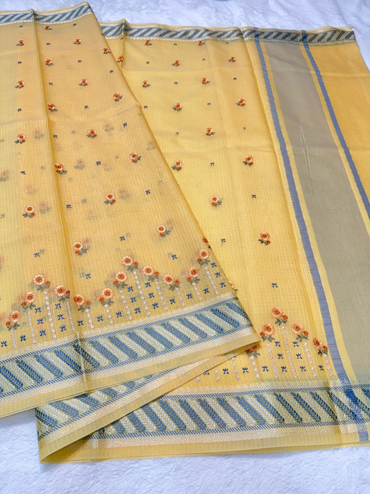 Gold Cotton Kota Designer Embroidery Premium Banarasi Saree