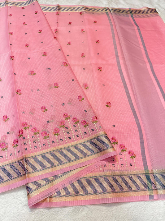 Pink Cotton Kota Designer Embroidery Premium Banarasi Saree