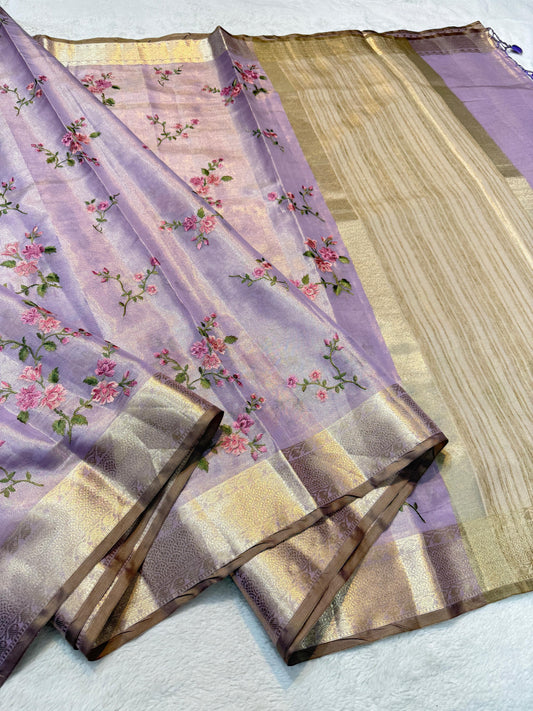 Lovender Tissue Designer Embroidery Premium Banarasi Saree