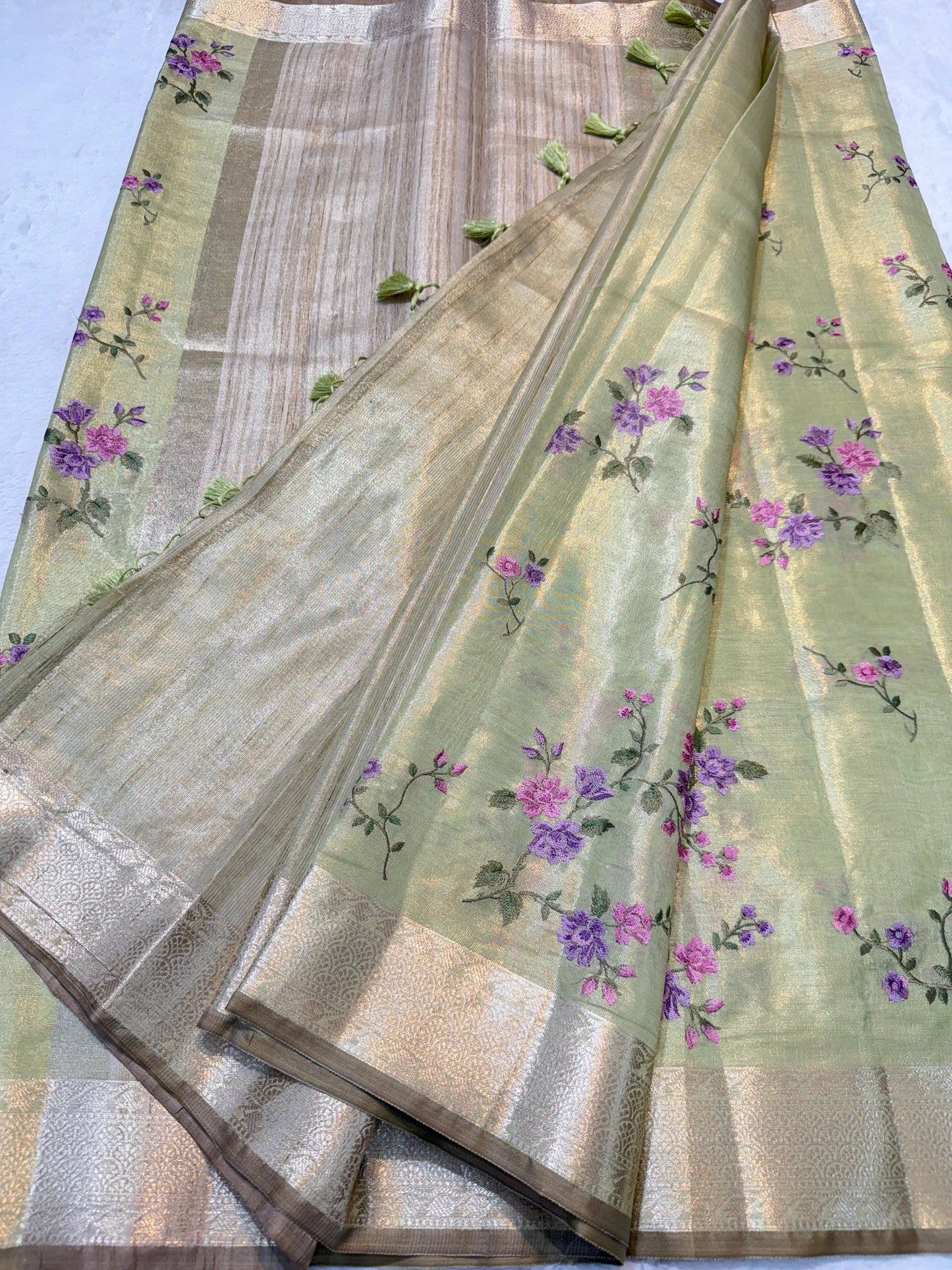 Green Tissue Designer Embroidery Premium Banarasi Saree