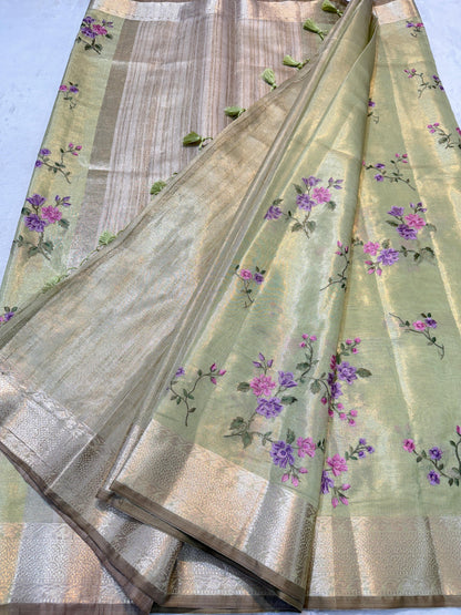 Green Tissue Designer Embroidery Premium Banarasi Saree