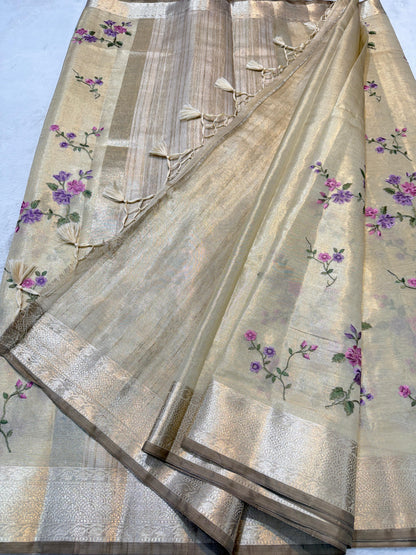 Pista Green Tissue Designer Embroidery Premium Banarasi Saree