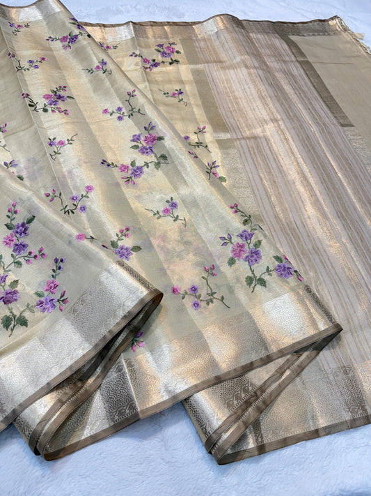 Pista Green Tissue Designer Embroidery Premium Banarasi Saree