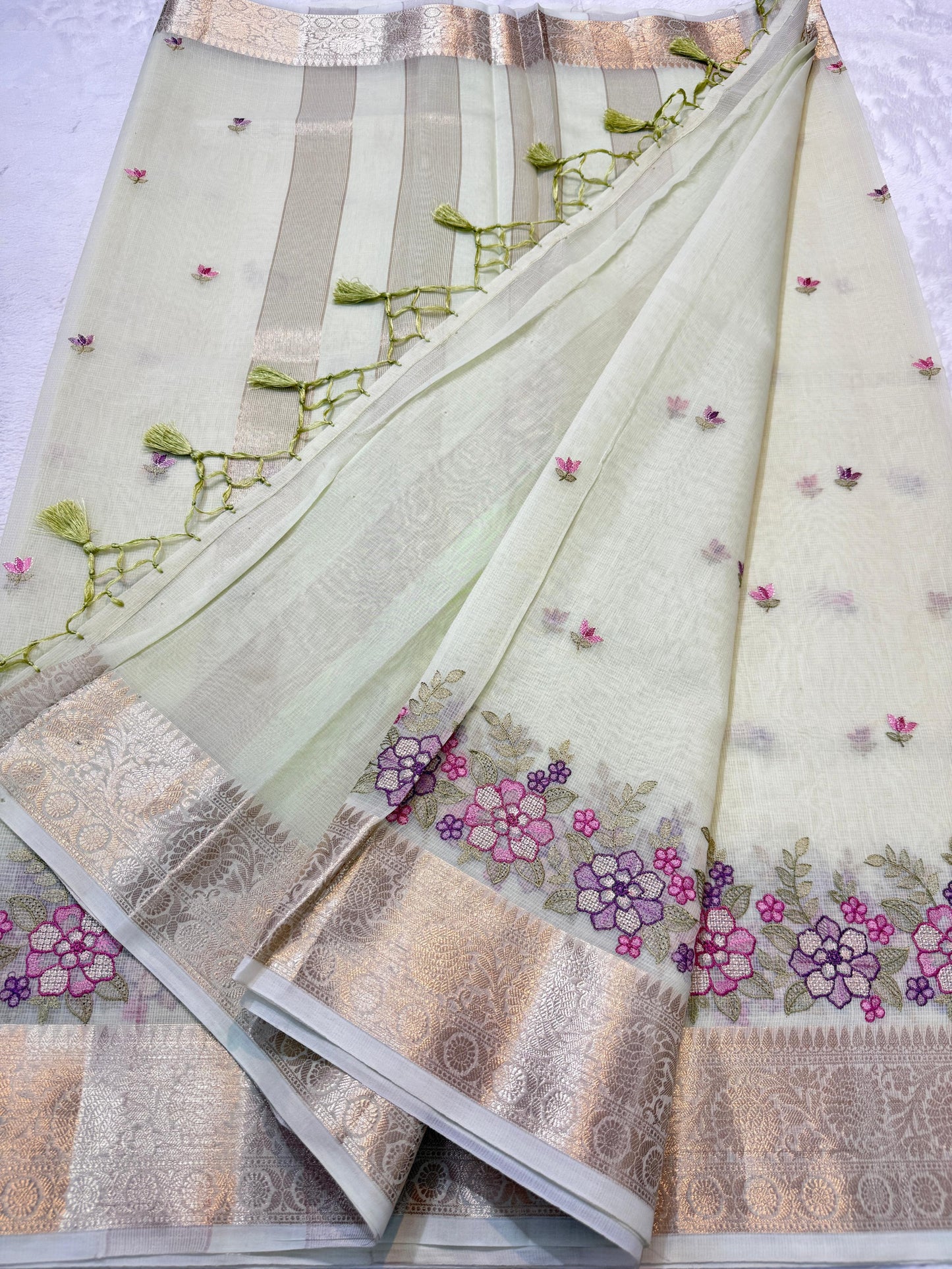 Pista Green Cotton Kota Designer Embroidery Premium Banarasi Saree