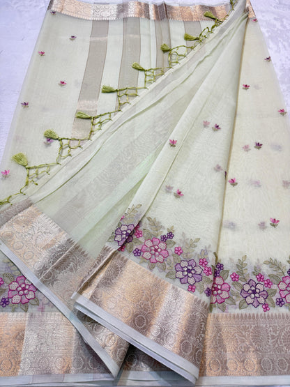 Pista Green Cotton Kota Designer Embroidery Premium Banarasi Saree