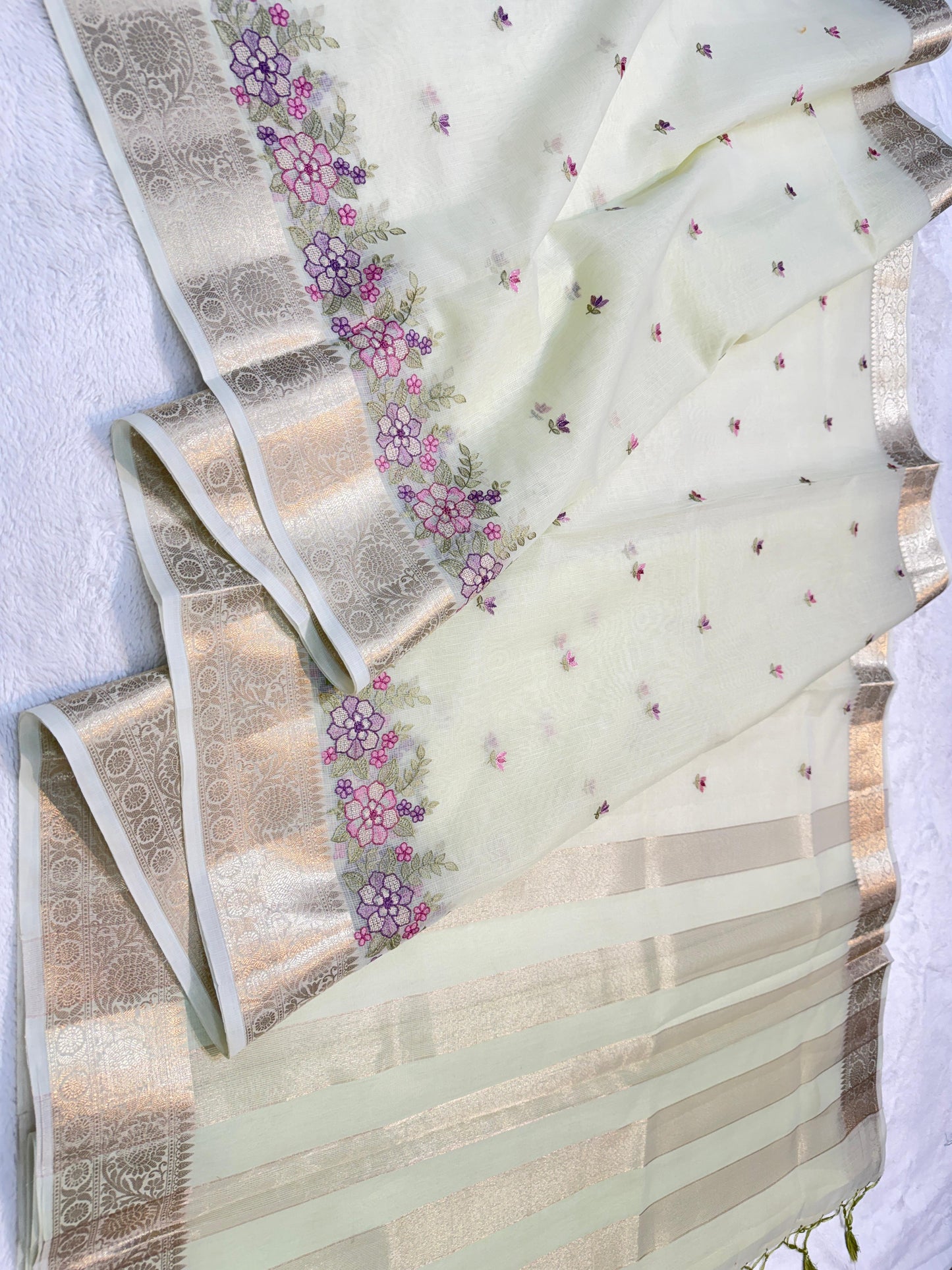 Pista Green Cotton Kota Designer Embroidery Premium Banarasi Saree