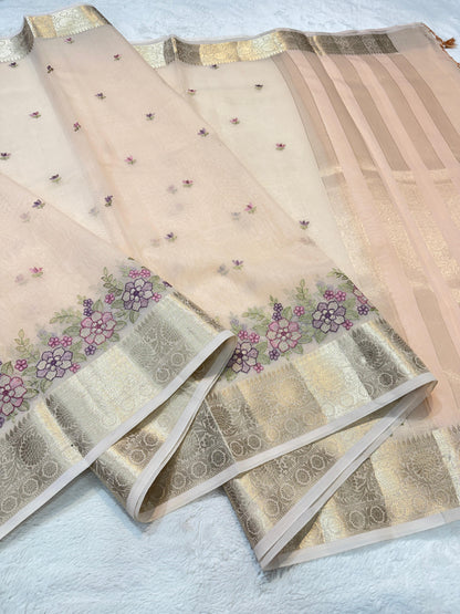 Peach Cotton Kota Designer Embroidery Premium Banarasi Saree