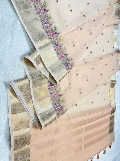 Peach Cotton Kota Designer Embroidery Premium Banarasi Saree