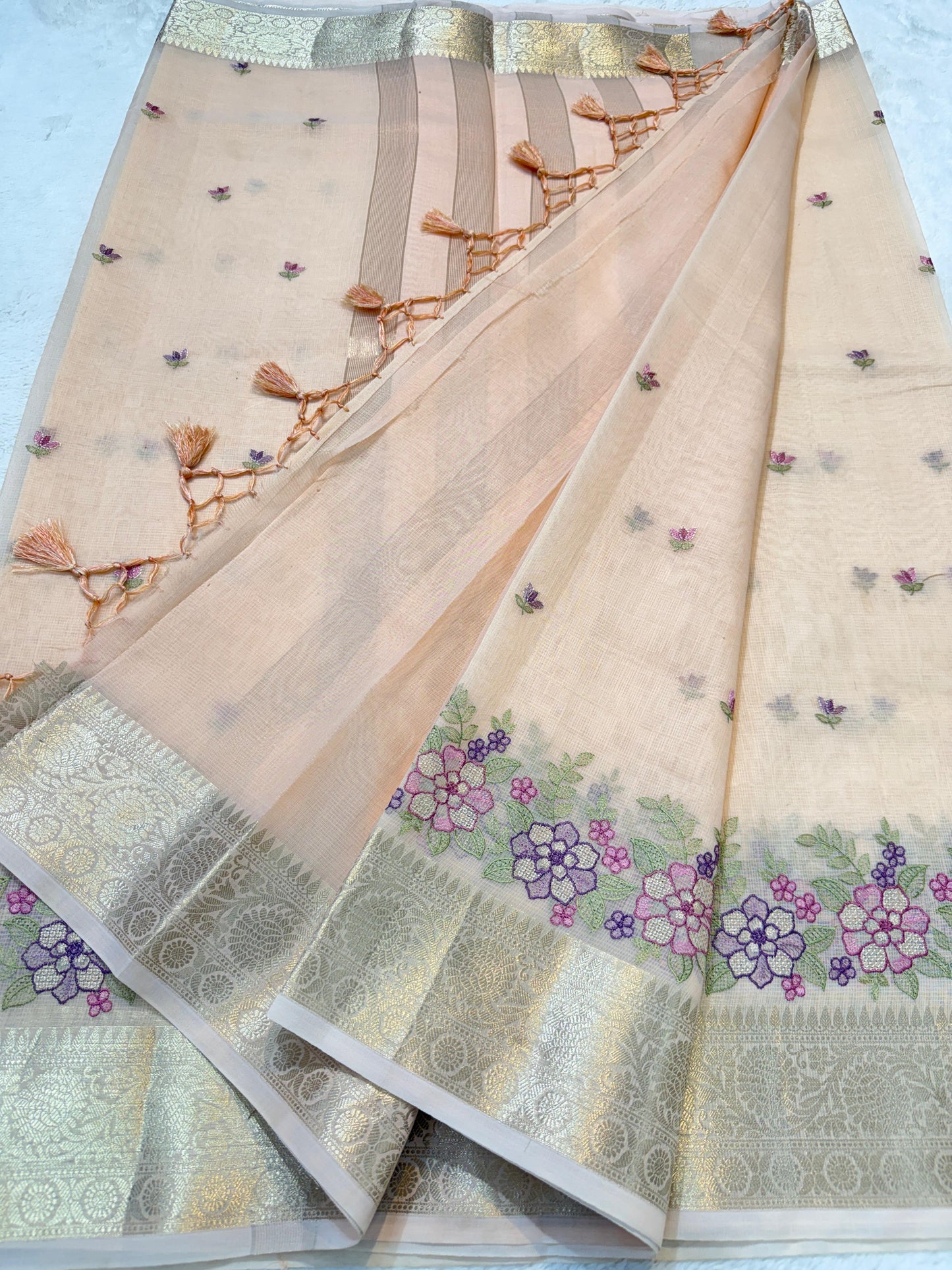 Peach Cotton Kota Designer Embroidery Premium Banarasi Saree