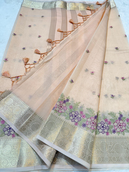Peach Cotton Kota Designer Embroidery Premium Banarasi Saree