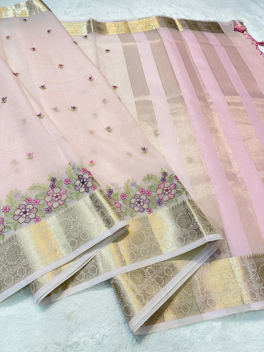 Pink Cotton Kota Designer Embroidery Premium Banarasi Saree
