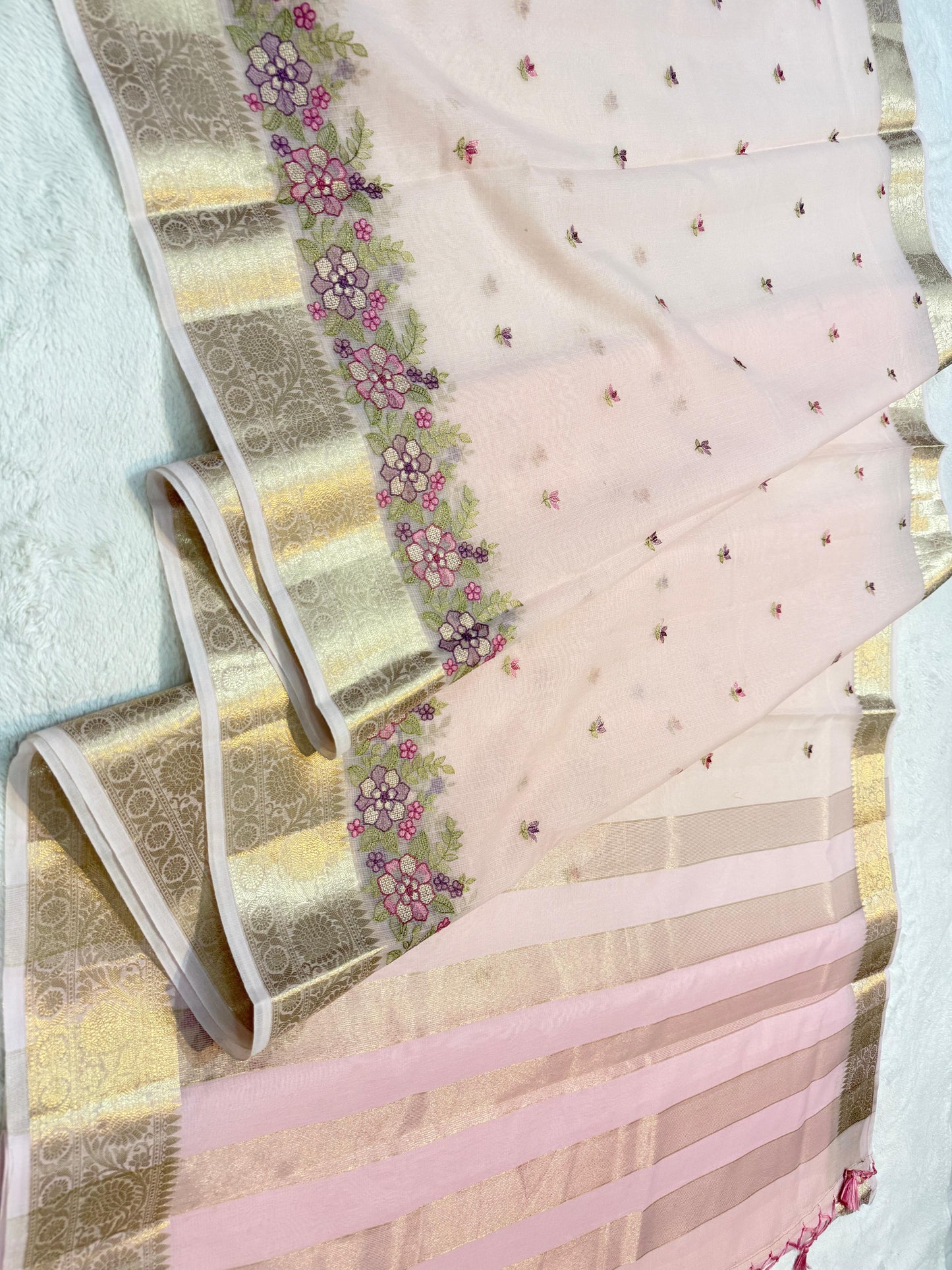 Pink Cotton Kota Designer Embroidery Premium Banarasi Saree