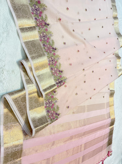 Pink Cotton Kota Designer Embroidery Premium Banarasi Saree