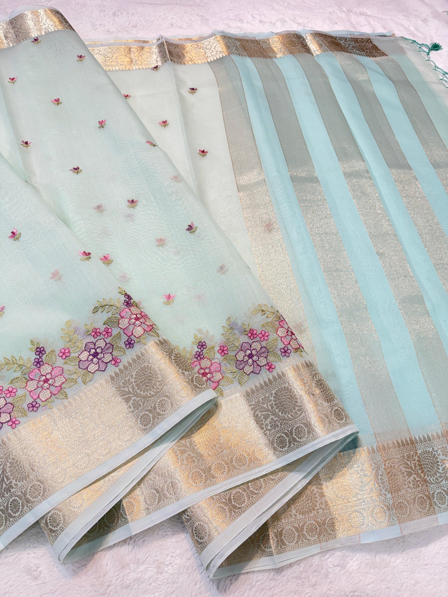 Aqua Blue Cotton Kota Designer Embroidery Premium Banarasi Saree