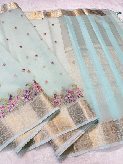 Aqua Blue Cotton Kota Designer Embroidery Premium Banarasi Saree