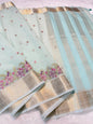 Aqua Blue Cotton Kota Designer Embroidery Premium Banarasi Saree