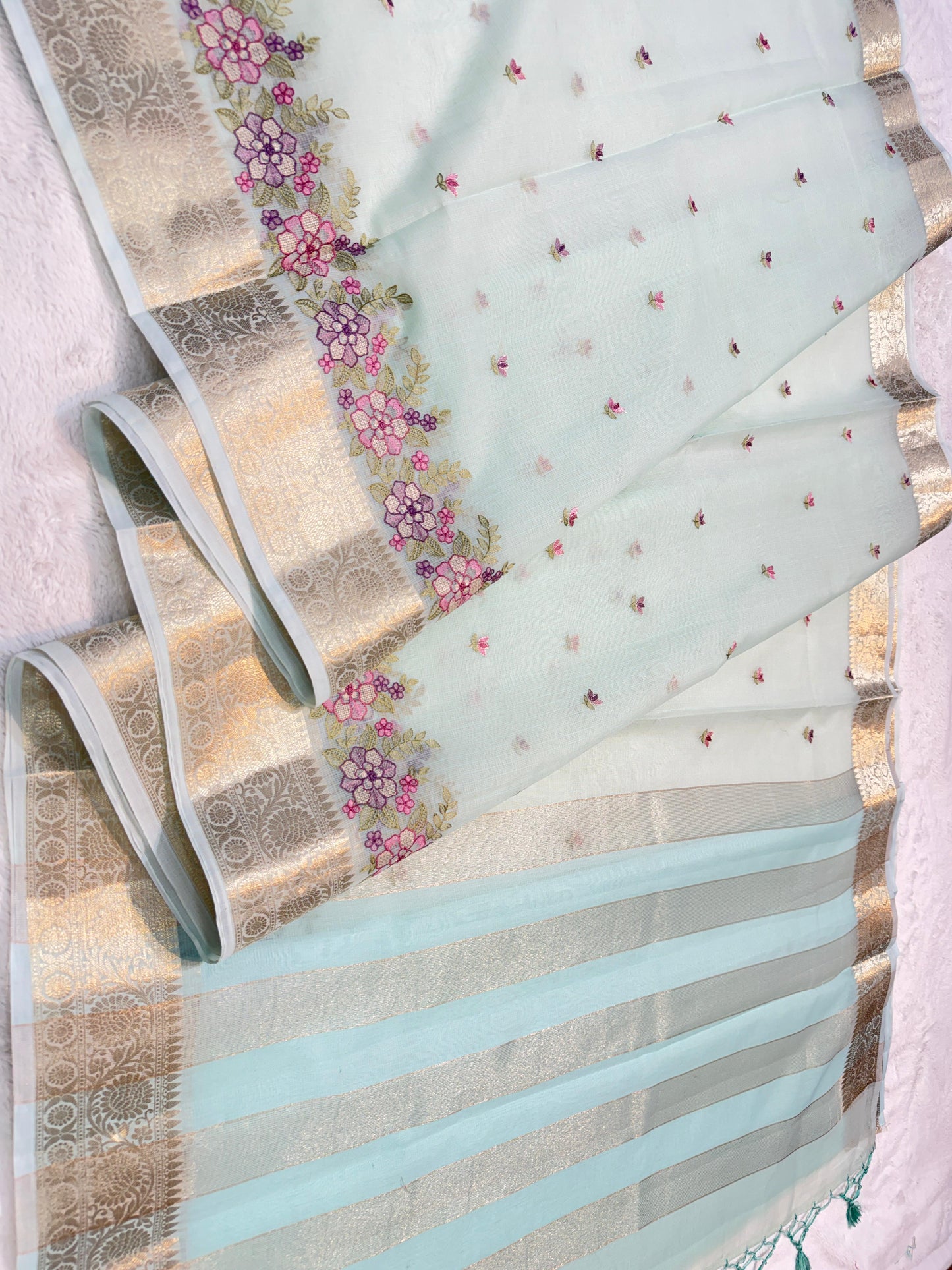 Aqua Blue Cotton Kota Designer Embroidery Premium Banarasi Saree