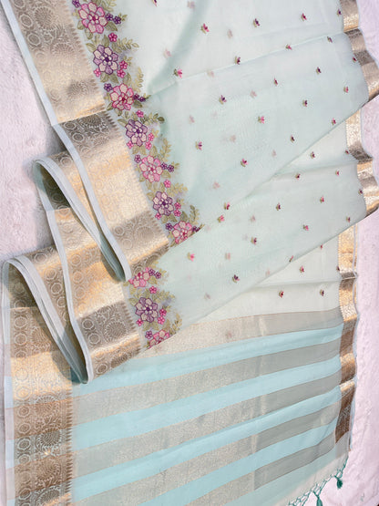 Aqua Blue Cotton Kota Designer Embroidery Premium Banarasi Saree