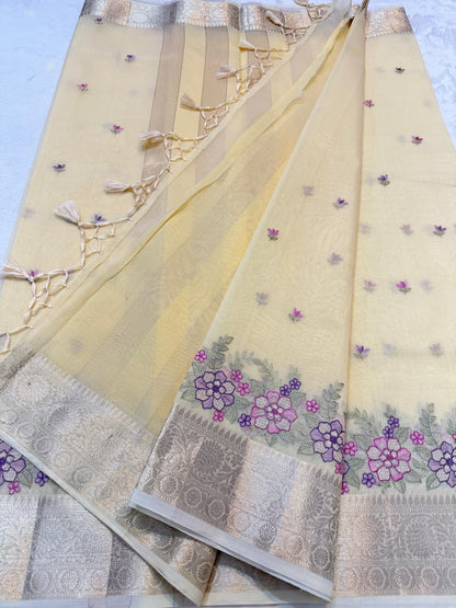 Gold Cotton Kota Designer Embroidery Premium Banarasi Saree