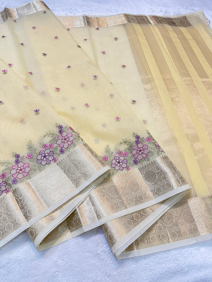 Gold Cotton Kota Designer Embroidery Premium Banarasi Saree