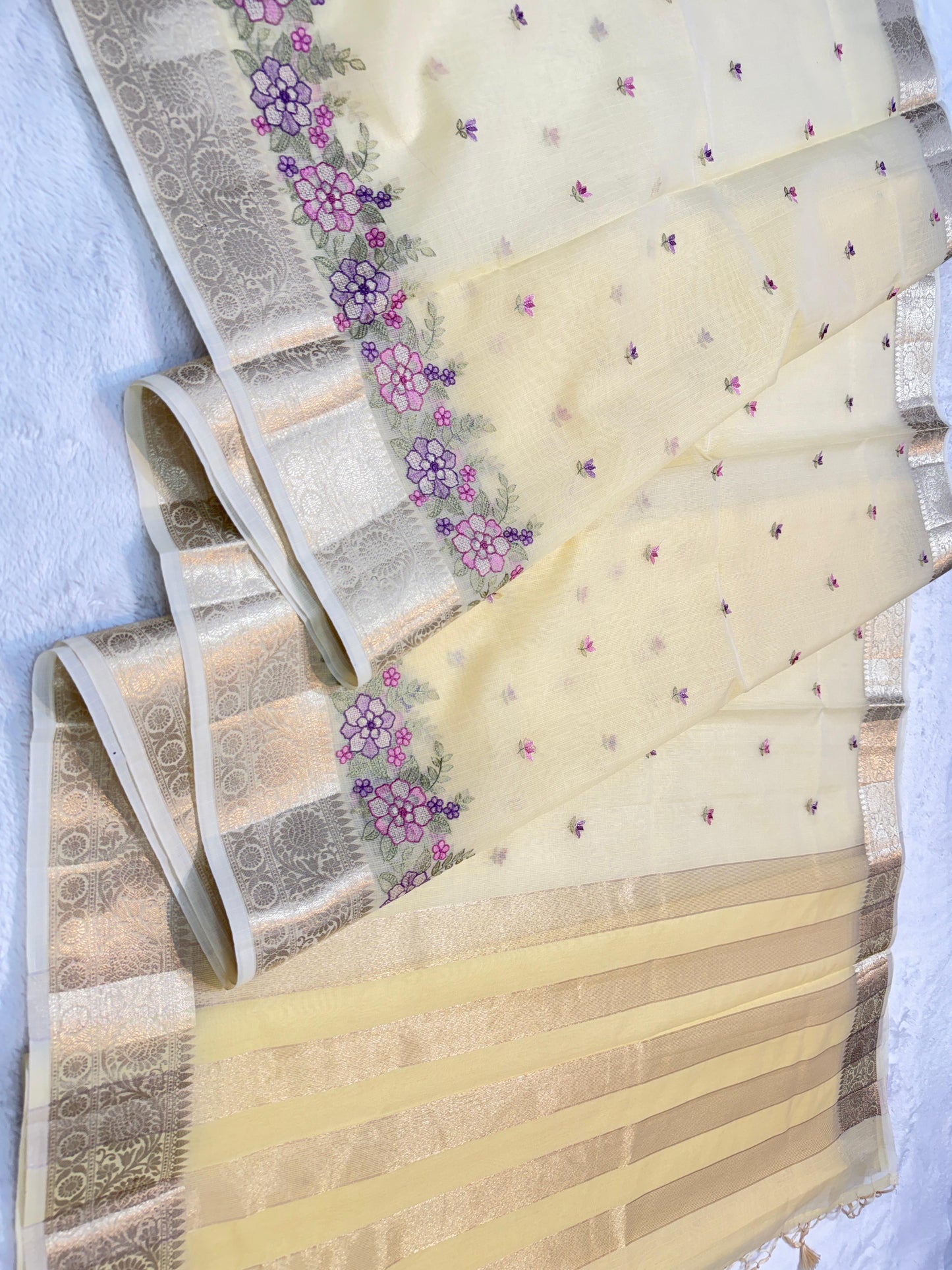 Gold Cotton Kota Designer Embroidery Premium Banarasi Saree