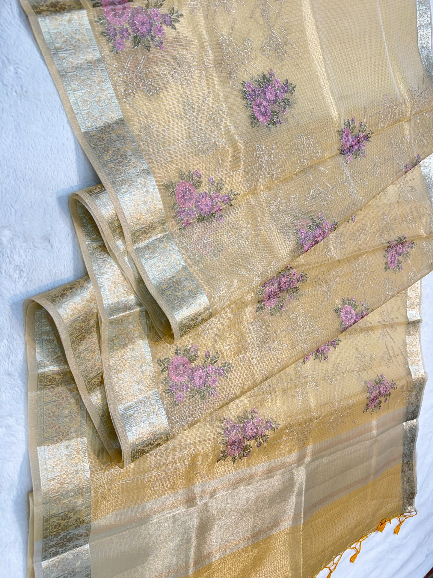 Gold Tissue Kota Designer Embroidery Premium Banarasi Saree