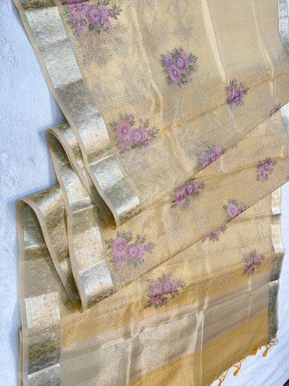 Gold Tissue Kota Designer Embroidery Premium Banarasi Saree