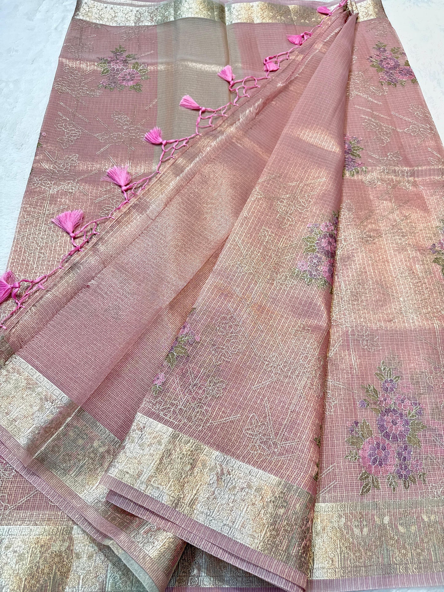 Pink Tissue Kota Designer Embroidery Premium Banarasi Saree
