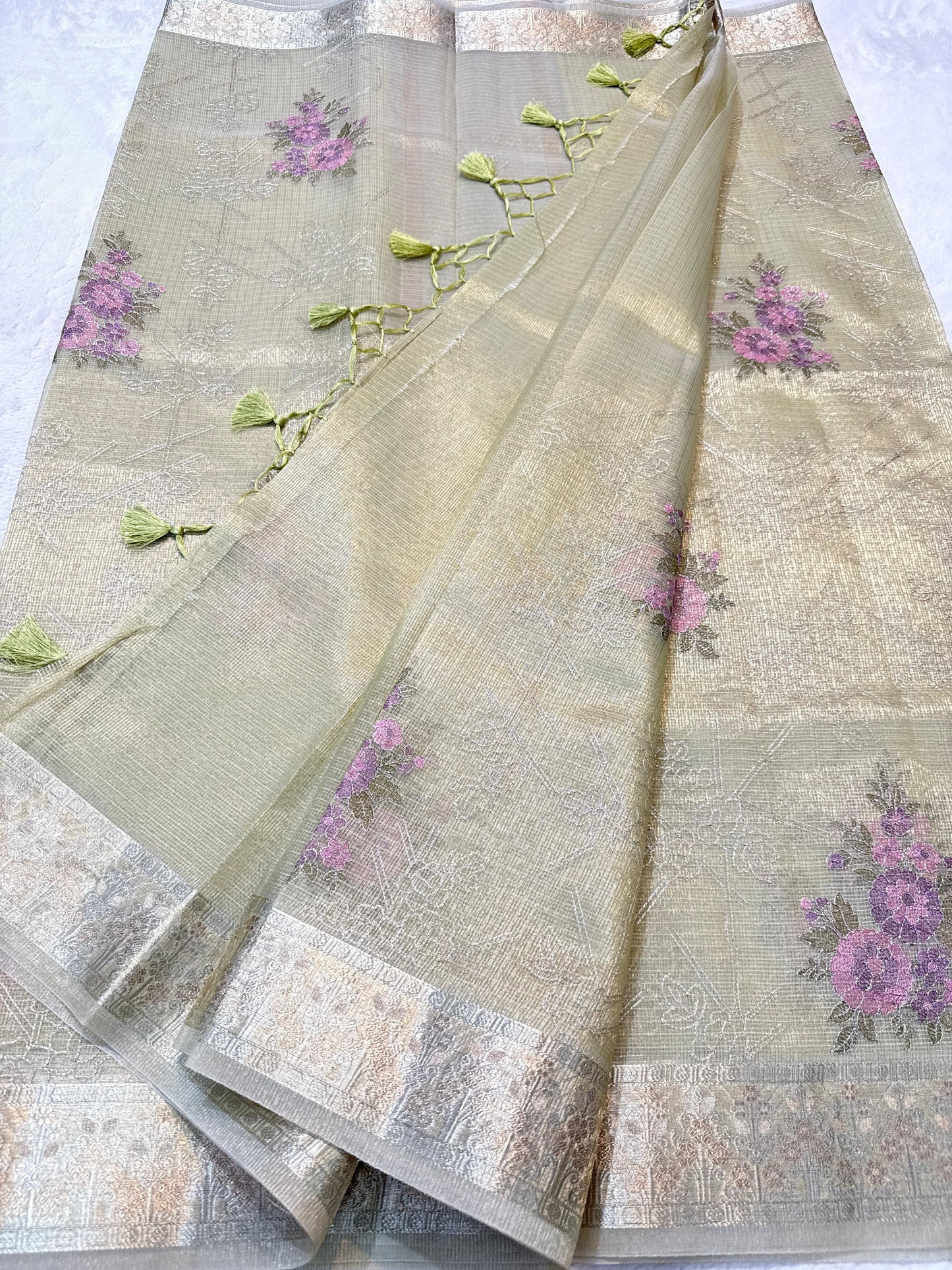 Pista Green Tissue Kota Designer Embroidery Premium Banarasi Saree