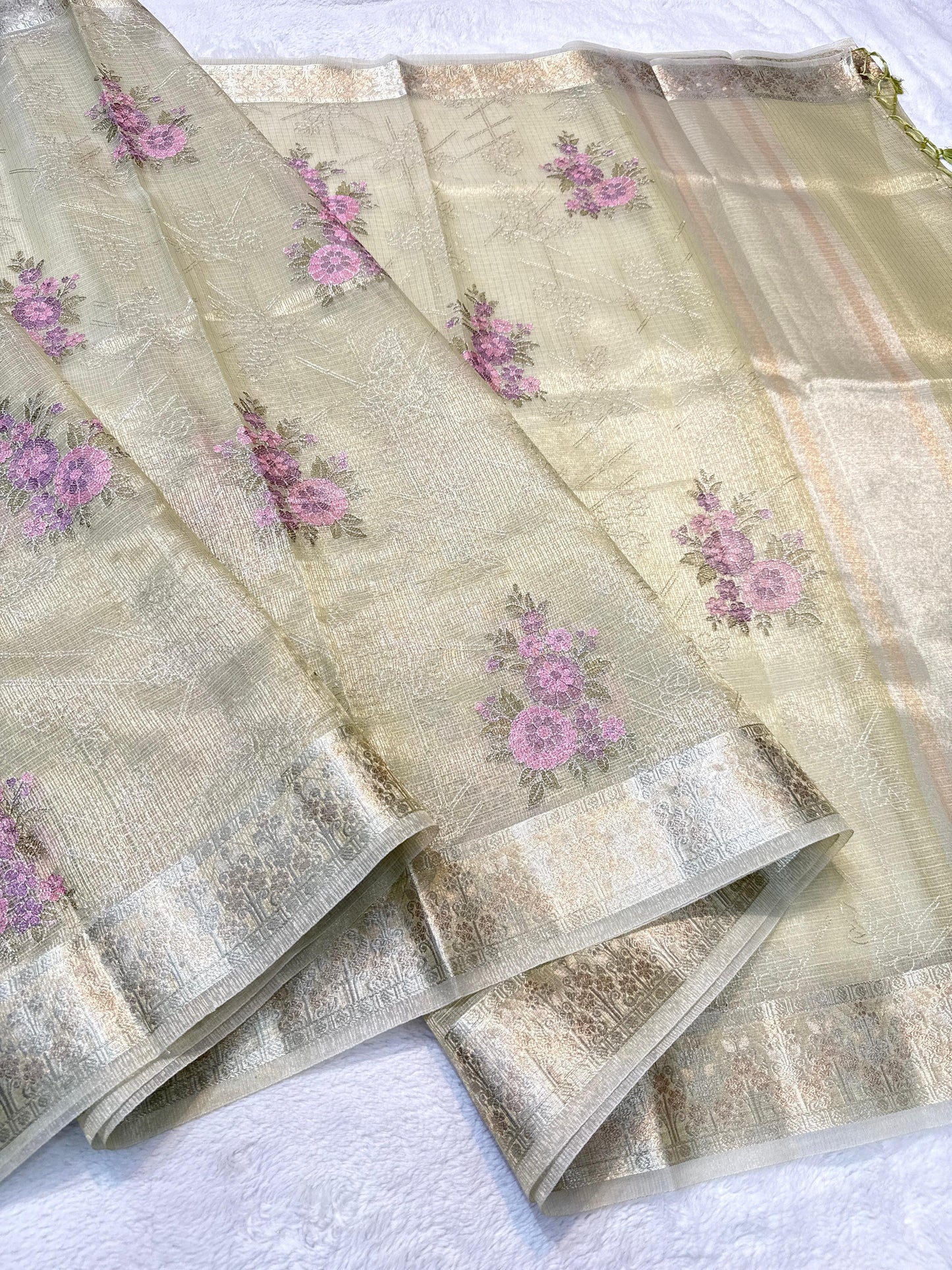 Pista Green Tissue Kota Designer Embroidery Premium Banarasi Saree