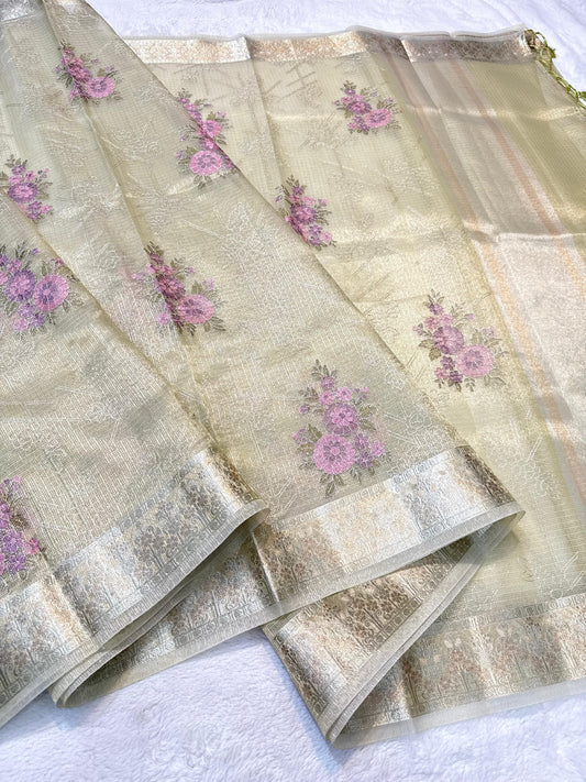 Pista Green Tissue Kota Designer Embroidery Premium Banarasi Saree