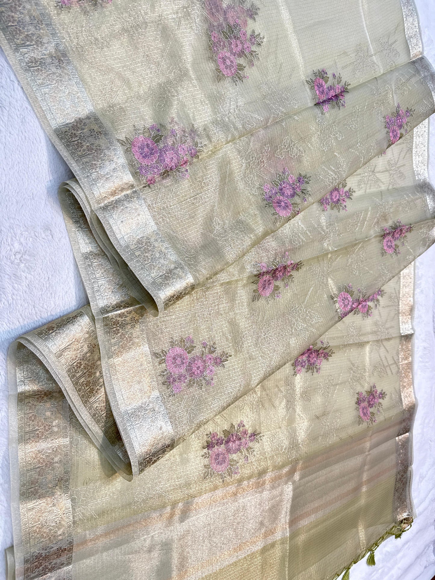Pista Green Tissue Kota Designer Embroidery Premium Banarasi Saree