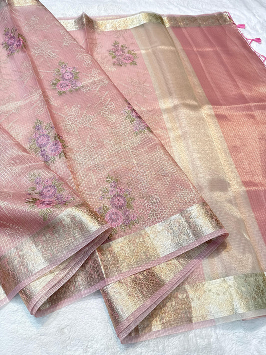 Pink Tissue Kota Designer Embroidery Premium Banarasi Saree