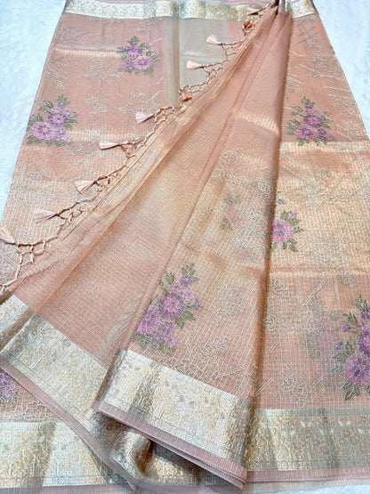 Peach Tissue Kota Designer Embroidery Premium Banarasi Saree