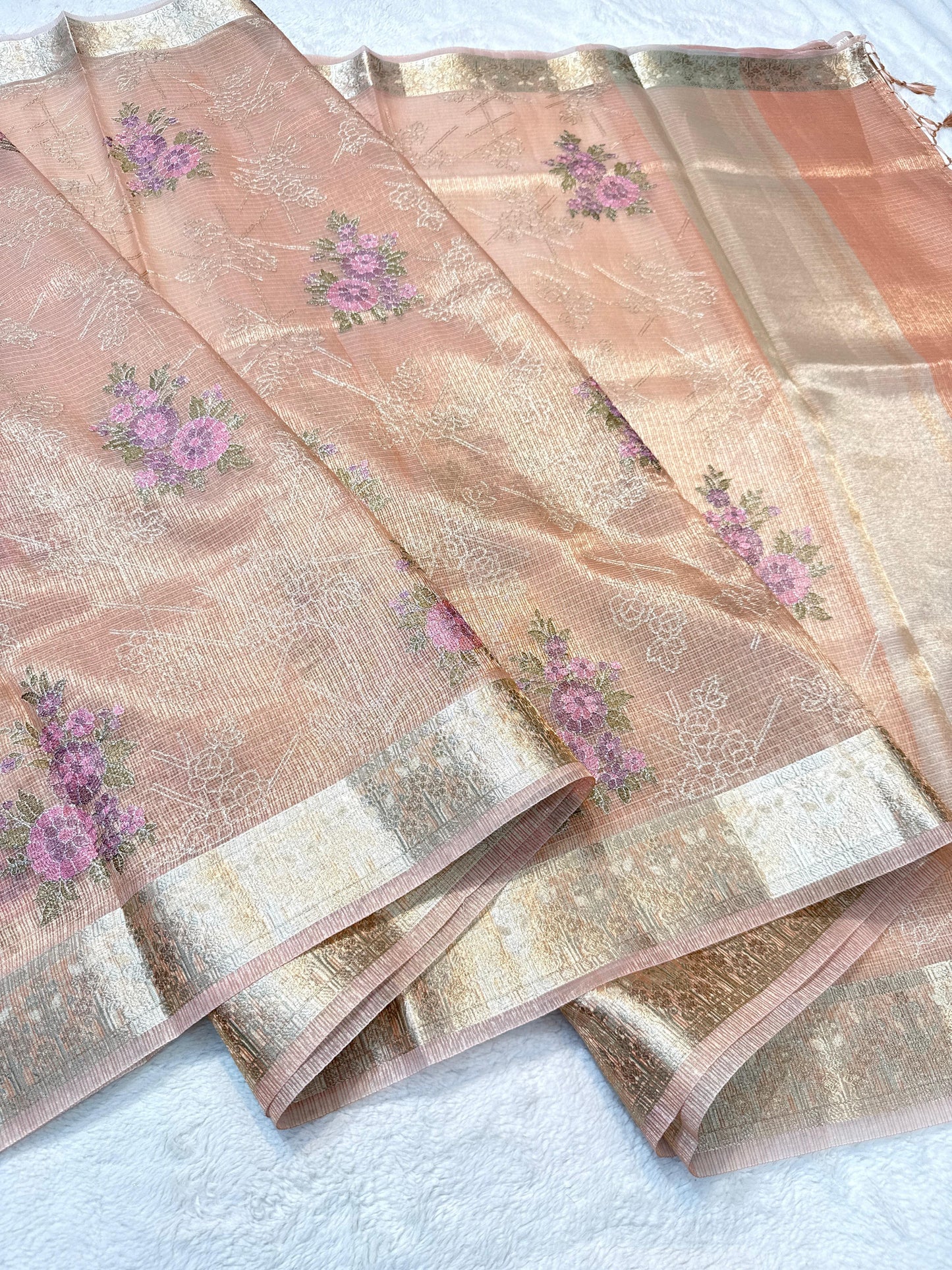 Peach Tissue Kota Designer Embroidery Premium Banarasi Saree