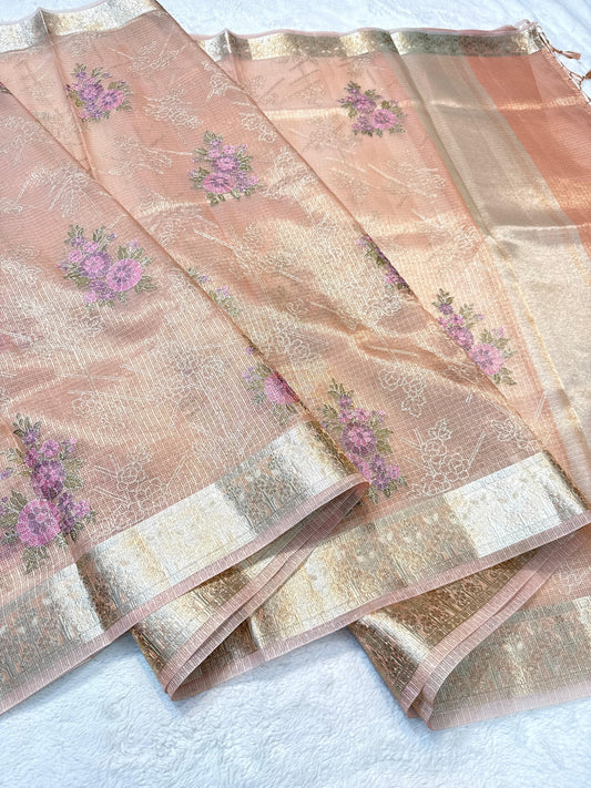 Peach Tissue Kota Designer Embroidery Premium Banarasi Saree
