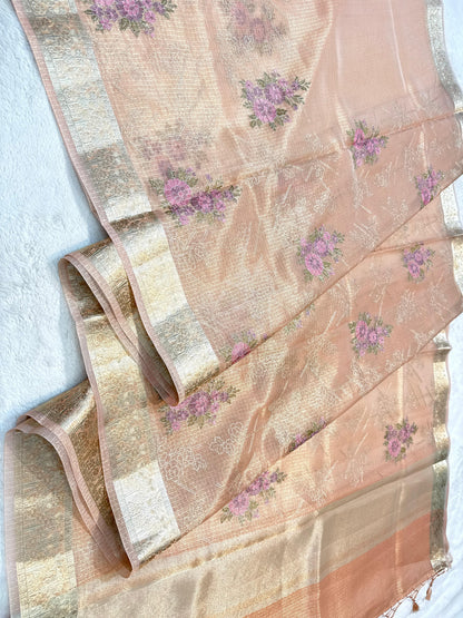Peach Tissue Kota Designer Embroidery Premium Banarasi Saree