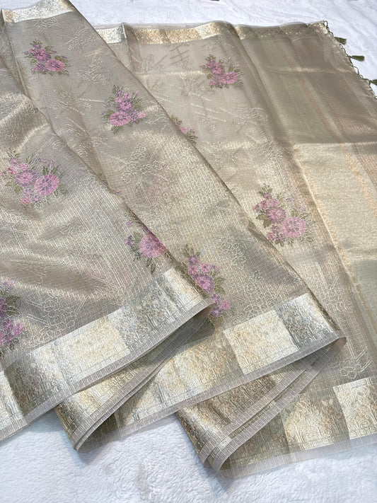 Green Tissue Kota Designer Embroidery Premium Banarasi Saree
