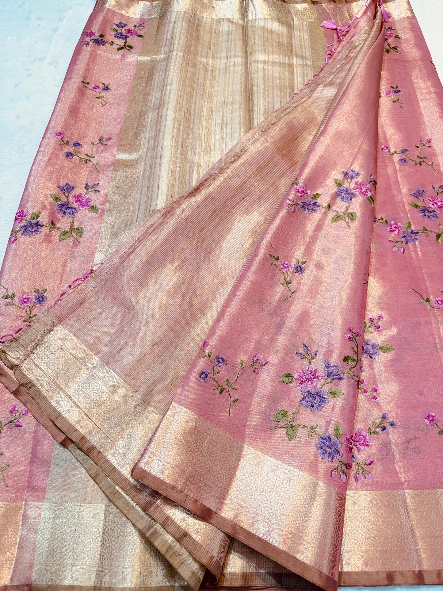 Pink Tissue Designer Embroidery Premium Banarasi Saree